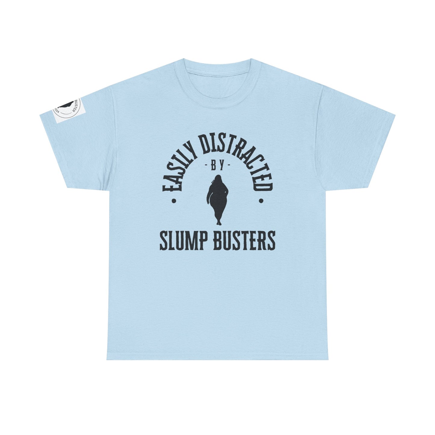 Light blue t-shirt with black text and graphic on a white background