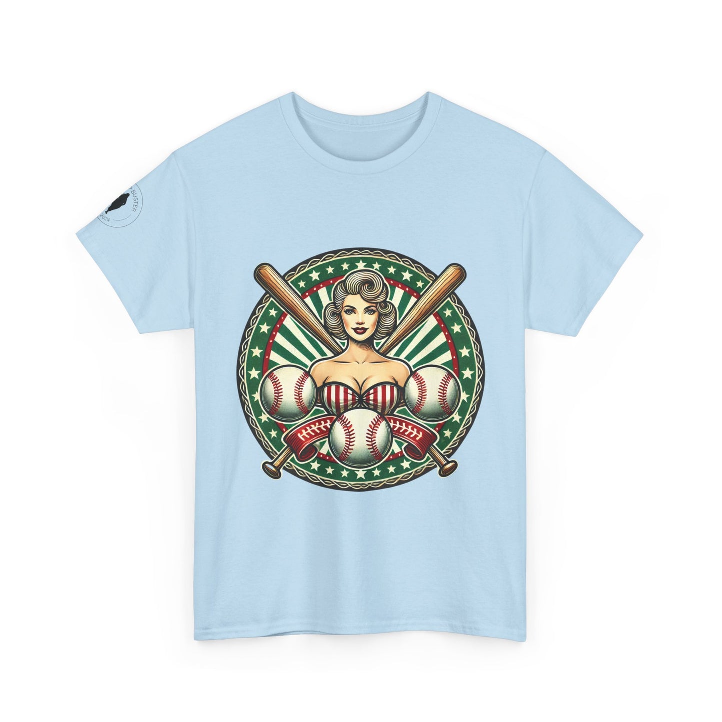 Light blue t-shirt with a vintage graphic design featuring a woman in a striped dress, baseballs, and bats on a white background.