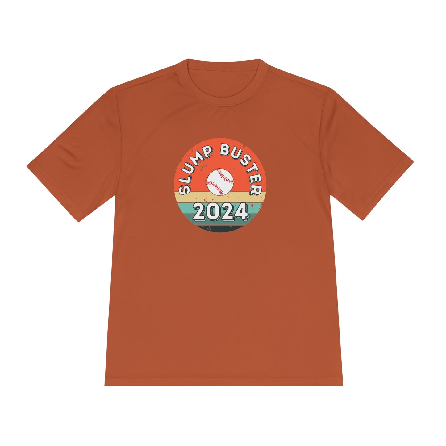 Brown t-shirt with 'Slump Buster 2024' graphic on a white background