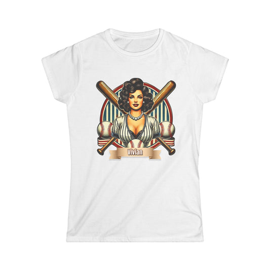 White t-shirt with a graphic design of a woman holding baseball bats and a baseball, with 'Vivian' text, on a white background.
