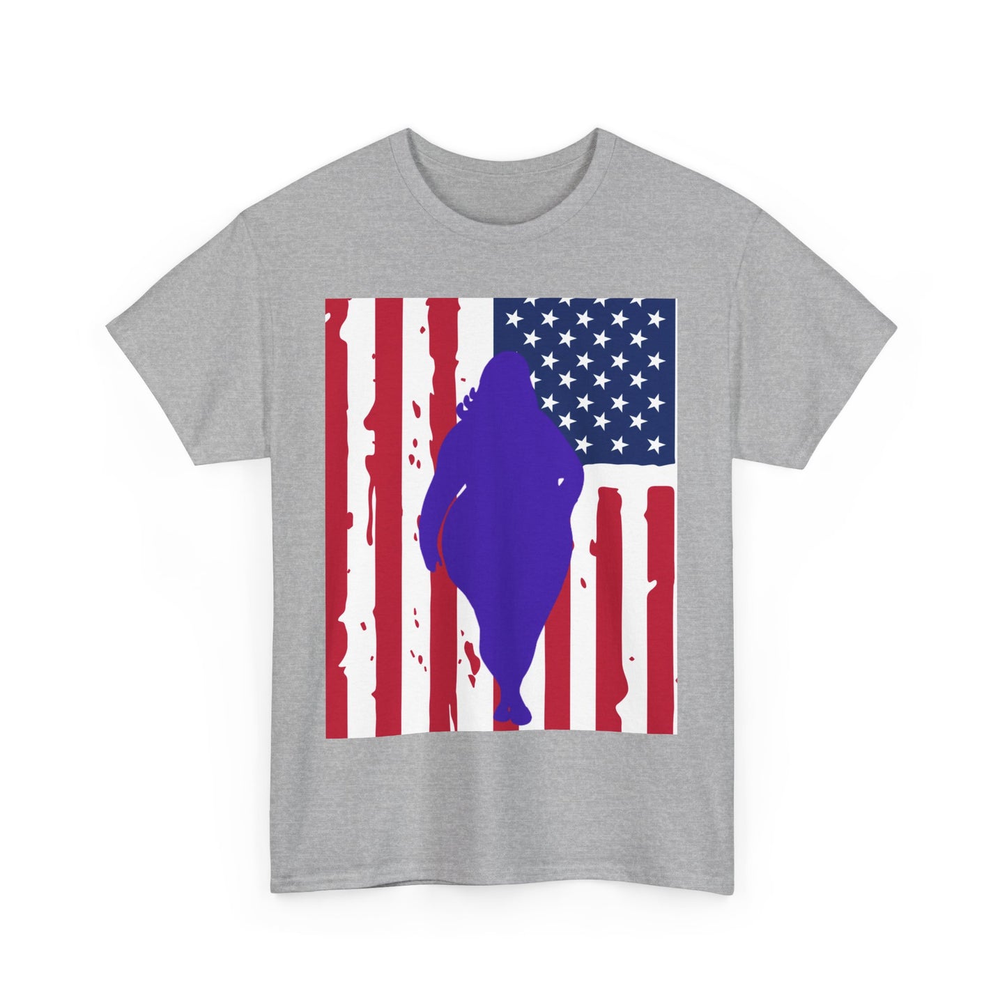 Gray t-shirt with American flag design and purple silhouette on a white background