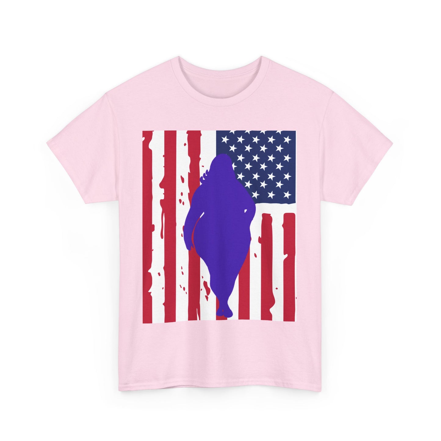 Pink t-shirt with American flag design and purple silhouette on a white background