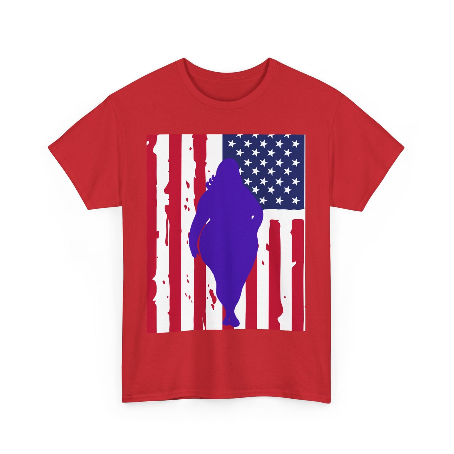 Red t-shirt with American flag design and purple silhouette on a white background