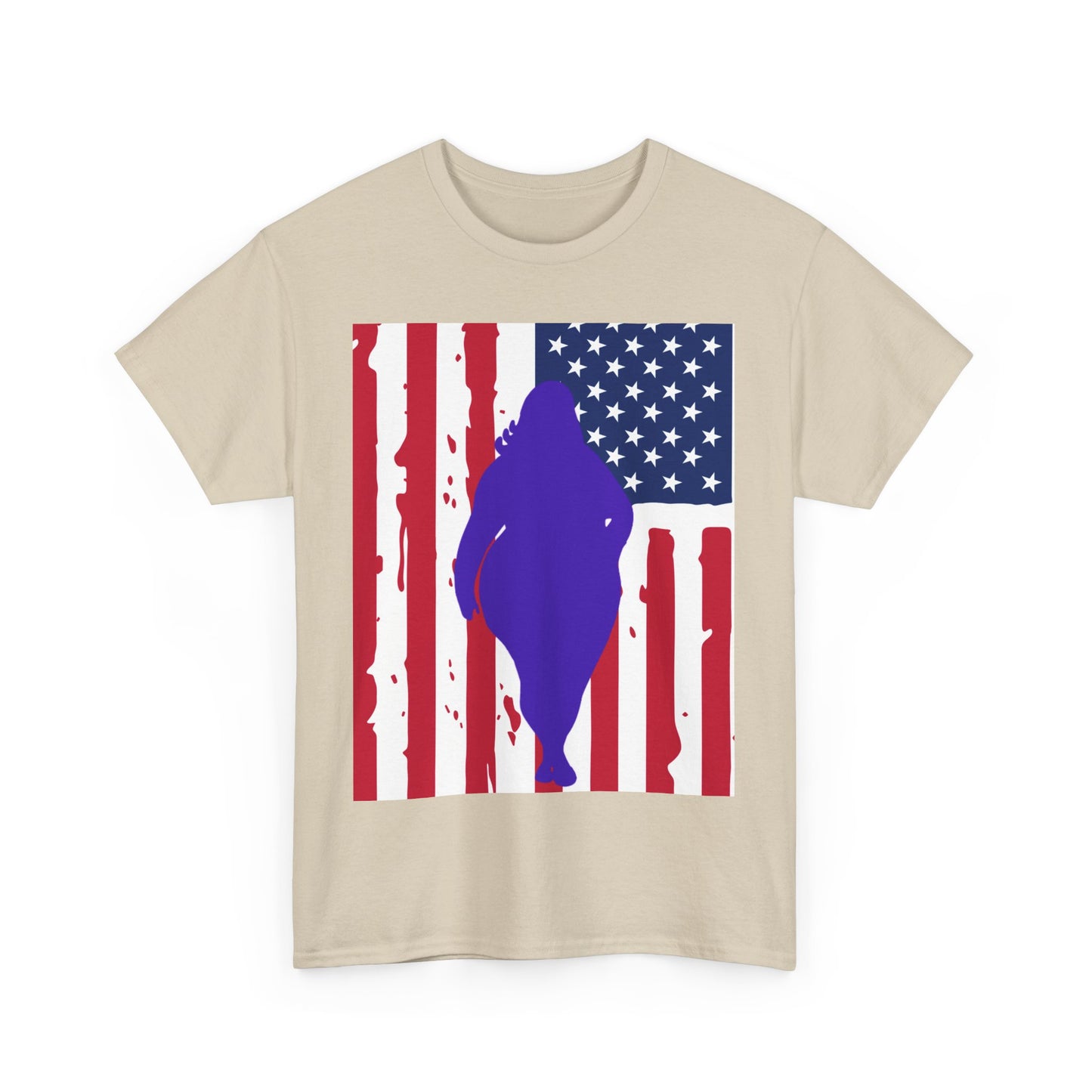 Beige t-shirt with American flag design and purple silhouette on a white background