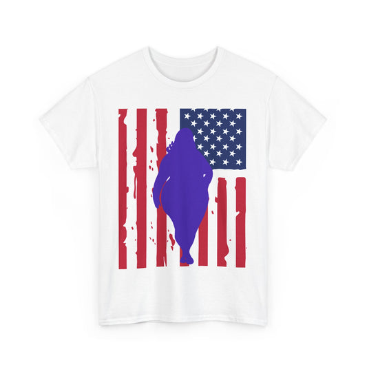 White t-shirt with American flag design and blue silhouette on a white background