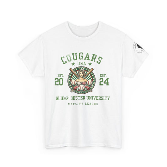 White t-shirt with green and red  vintage cougar graphic design on a white background