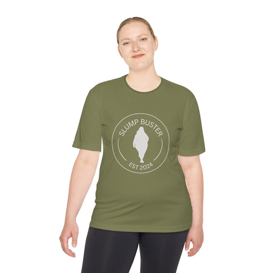Person wearing a green t-shirt with 'Slump Buster' logo on a green background