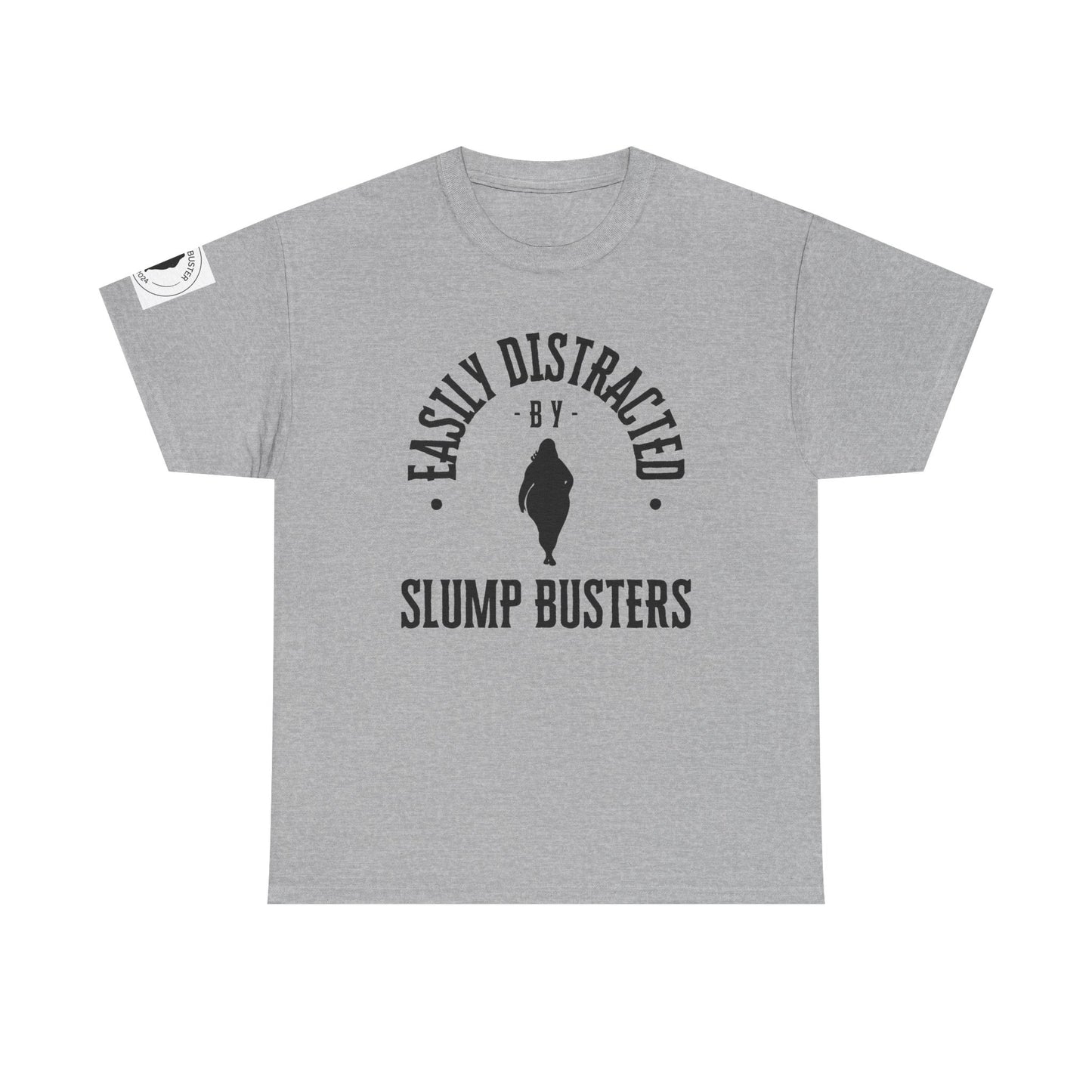 Gray t-shirt with black text and graphic on a white background