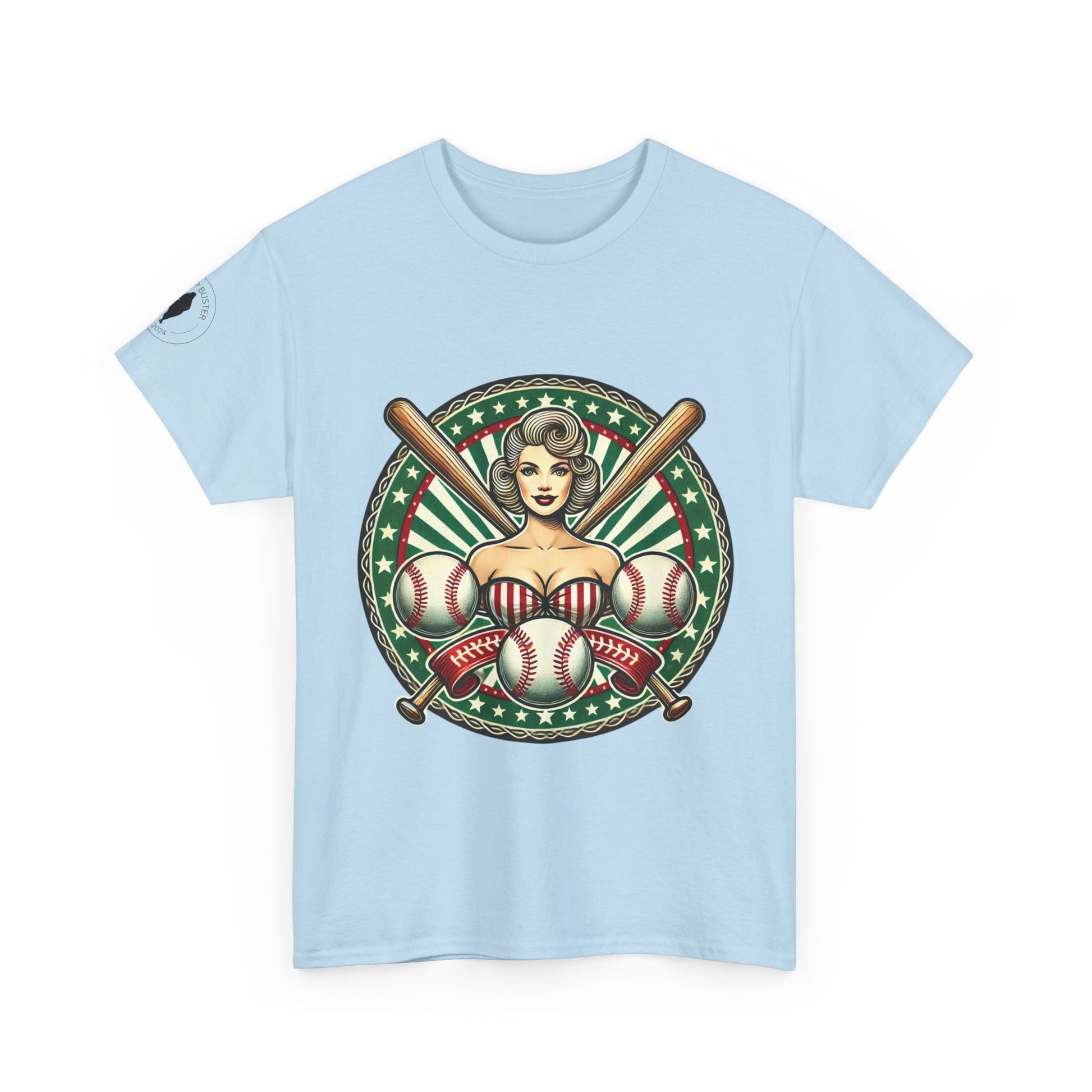Light blue t-shirt with a vintage graphic design featuring a woman in a striped dress, baseballs, and bats on a white background.