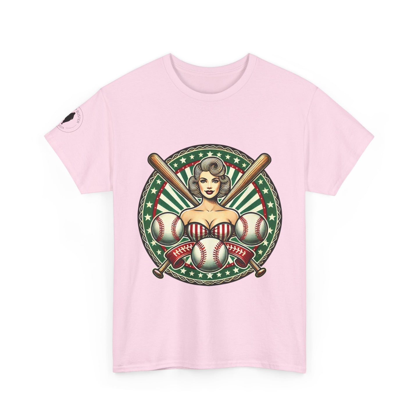 Pink t-shirt with a vintage graphic design featuring a woman, baseballs, and bats on a white background