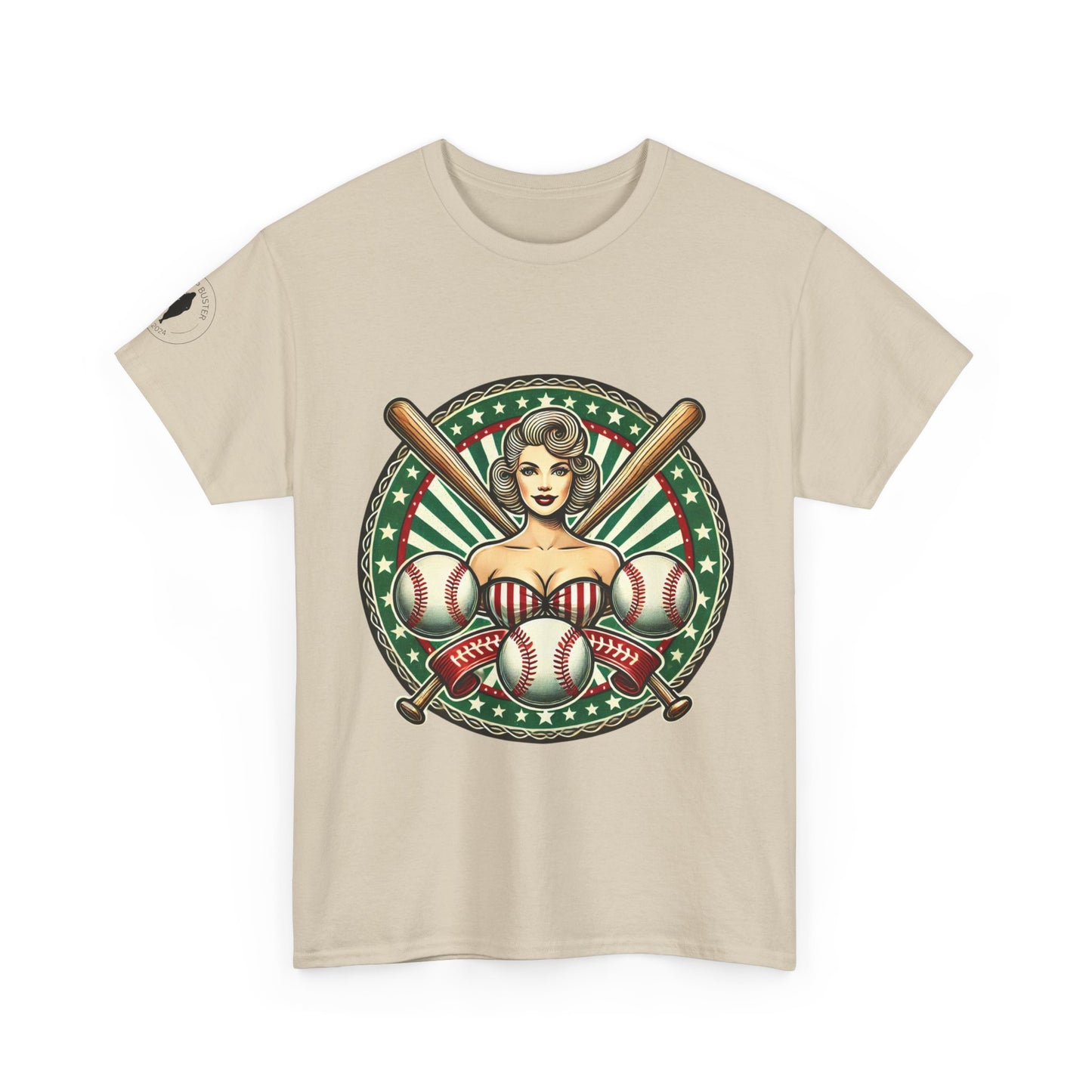 Beige t-shirt with a vintage graphic design featuring a woman, baseballs, and bats on a white background