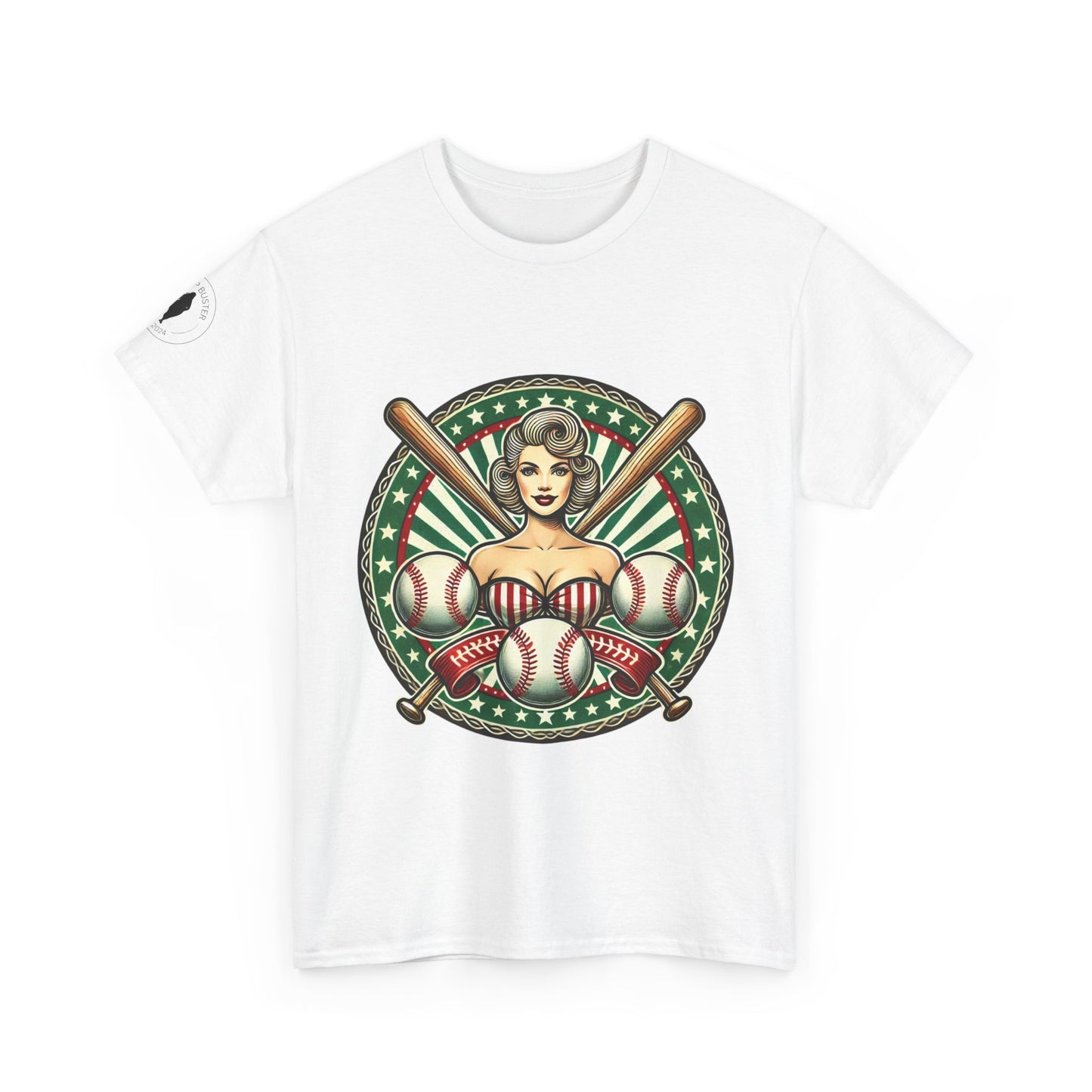 White t-shirt with a vintage graphic design featuring a woman, baseballs, and bats on a white background