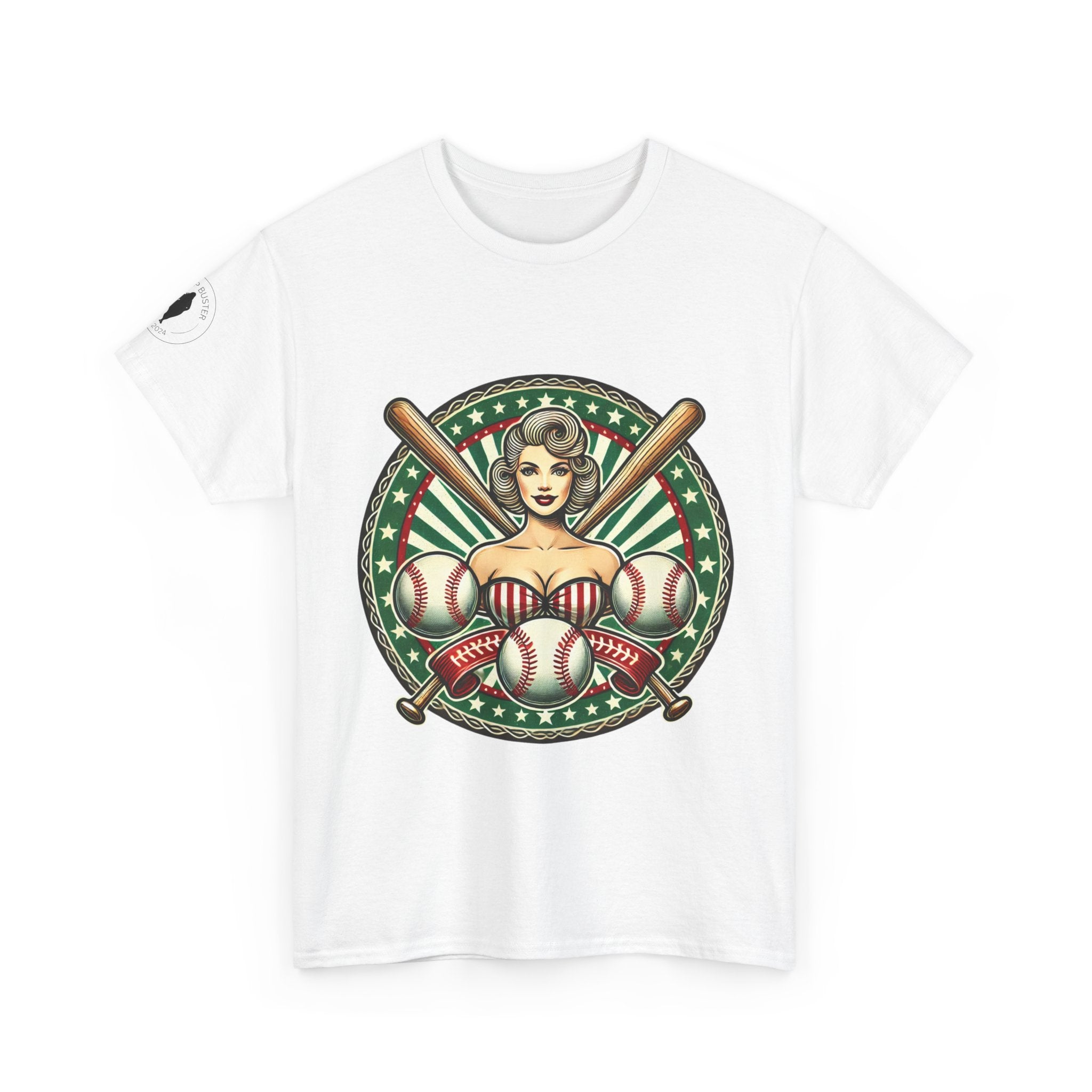 White t-shirt with a vintage graphic design featuring a woman, baseballs, and bats on a white background