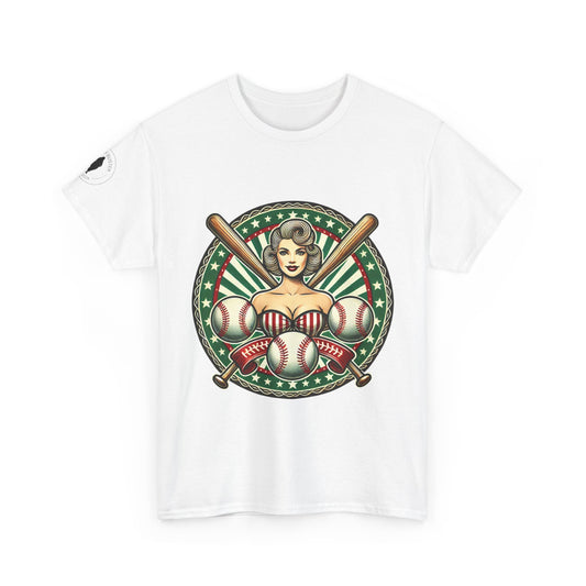 White t-shirt with a vintage graphic design featuring a woman, baseballs, and bats on a white background