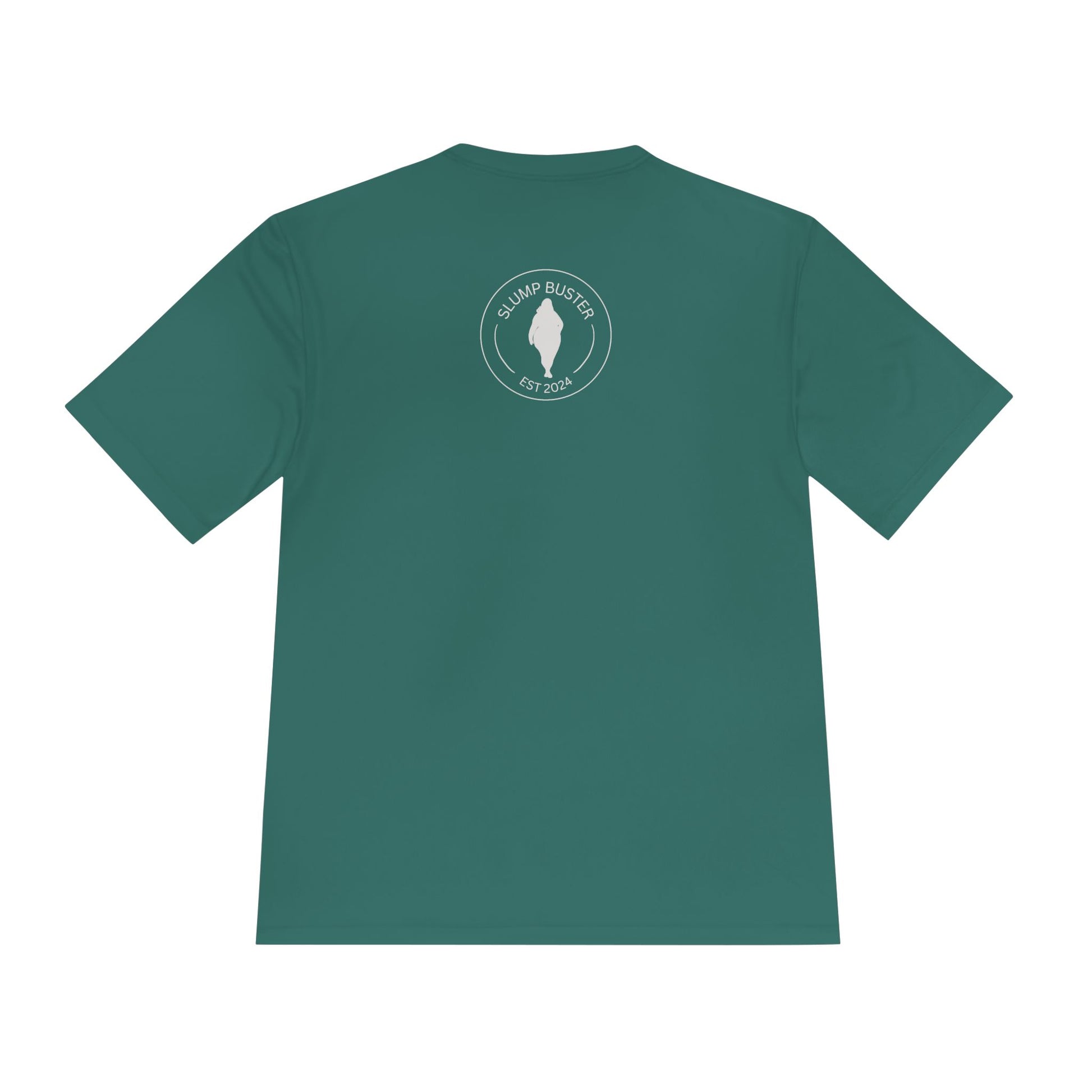 Green t-shirt with a logo on the back against a white background