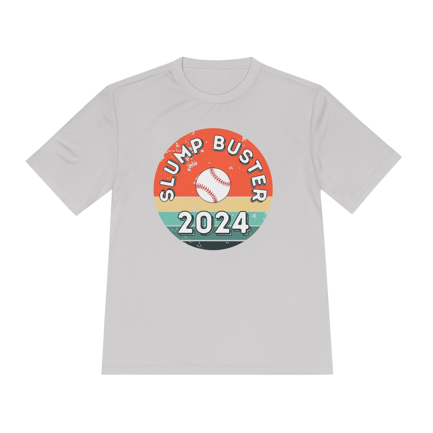 Gray t-shirt with retro surf image 'Slump Buster 2024' graphic design on a white background