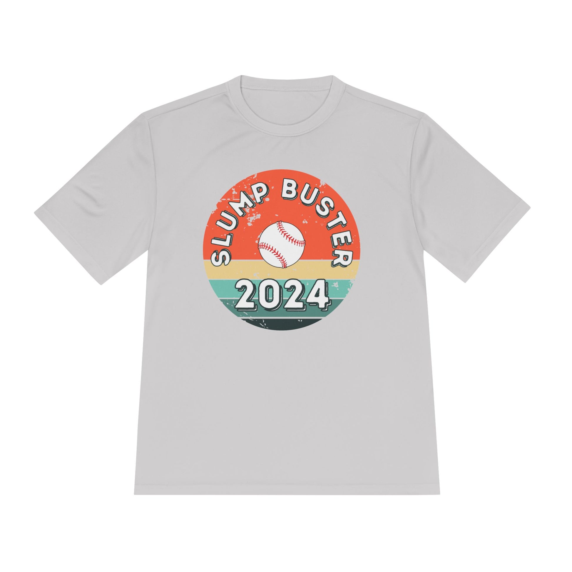 Gray t-shirt with retro surf image 'Slump Buster 2024' graphic design on a white background
