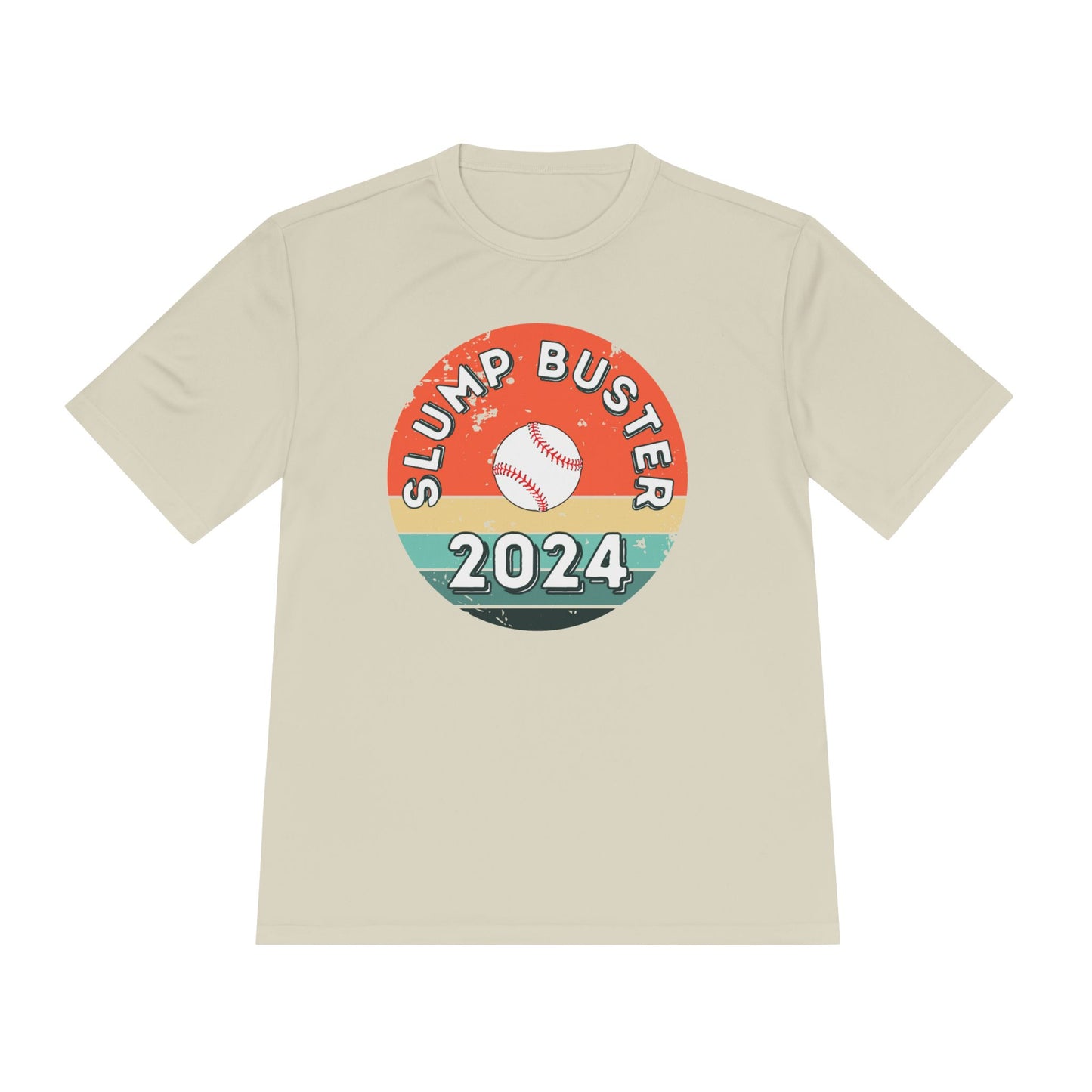 Beige t-shirt with 'Slump Buster 2024' graphic design on a white background