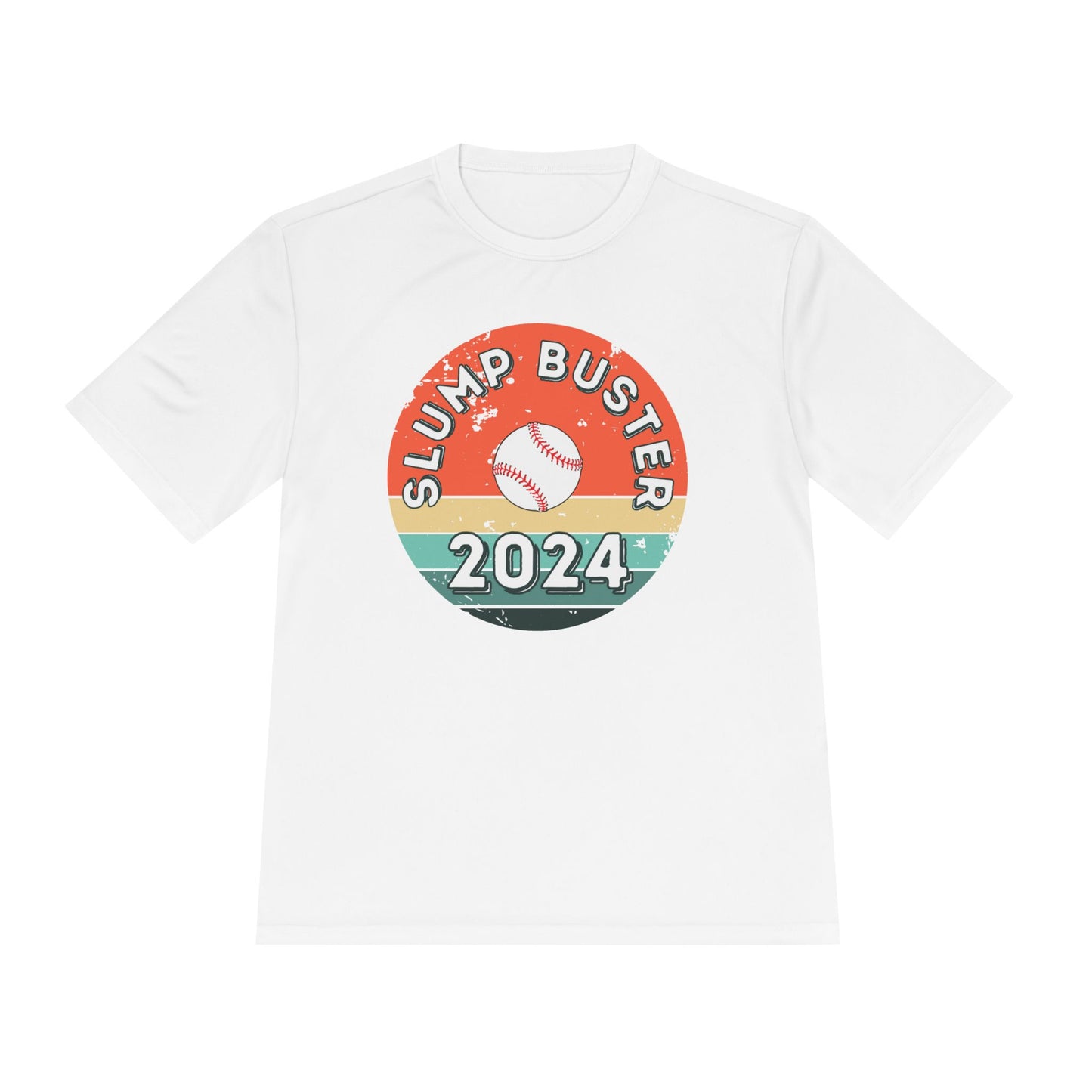 White t-shirt with vintage surf logo and  'Slump Buster 2024' graphic design on a white background