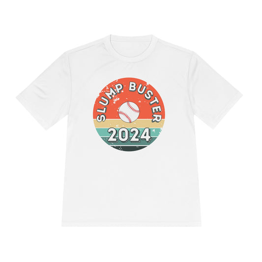 White t-shirt with vintage surf logo and  'Slump Buster 2024' graphic design on a white background
